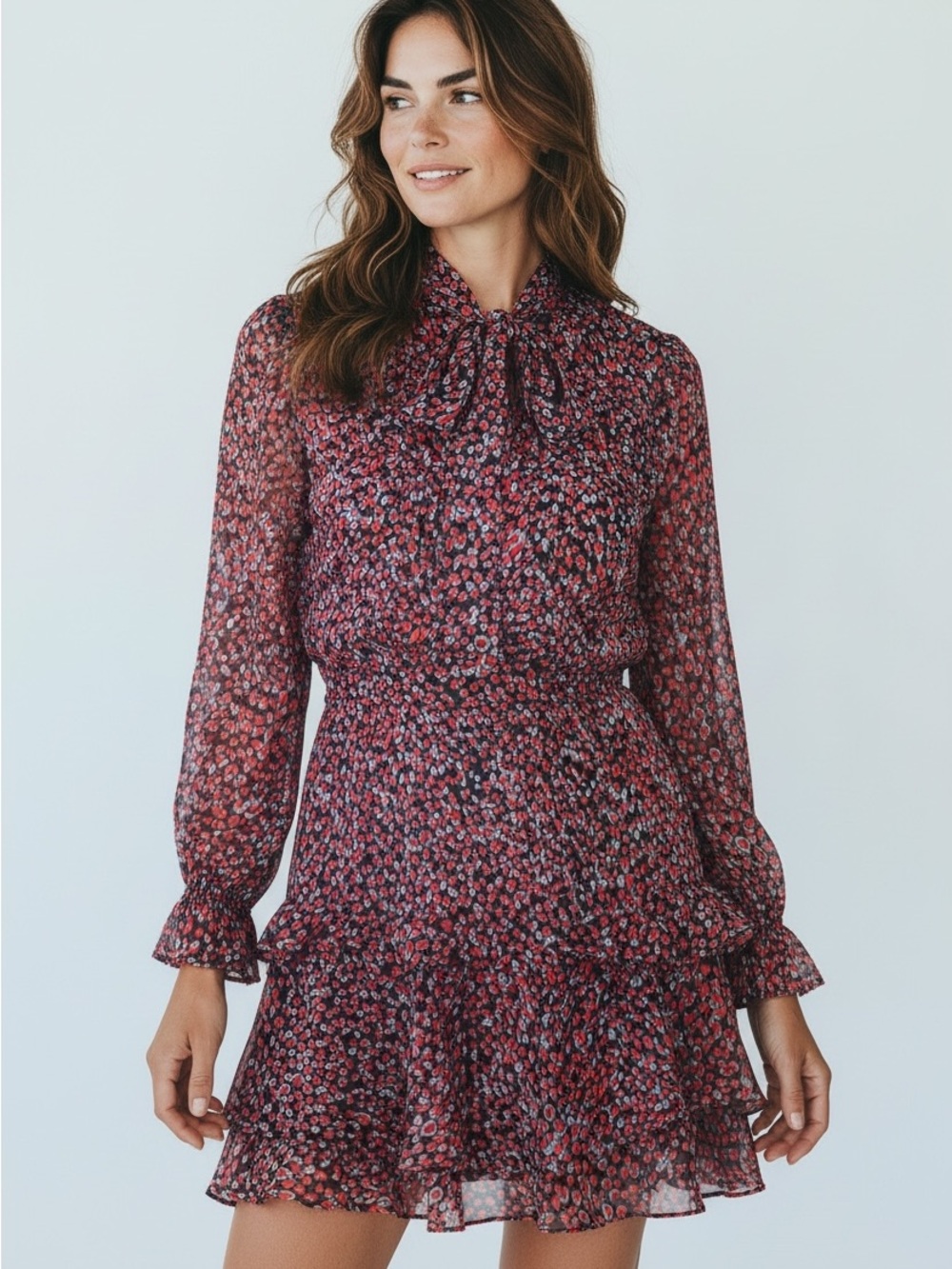 Shoshanna Pink Multi Floral Tie-Neck Long-Sleeve Midi Dress